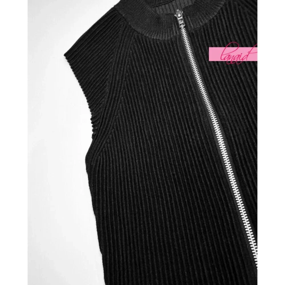 Alo Denim Knit Sleeveless Full Zip Top Black Anthracite Zipper Sweater Knit Tank